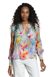 APNY Pull Over with Smocked Cuff Floral Print Top (T18P/C-578D/NC)(Yellow/Pink Multi)