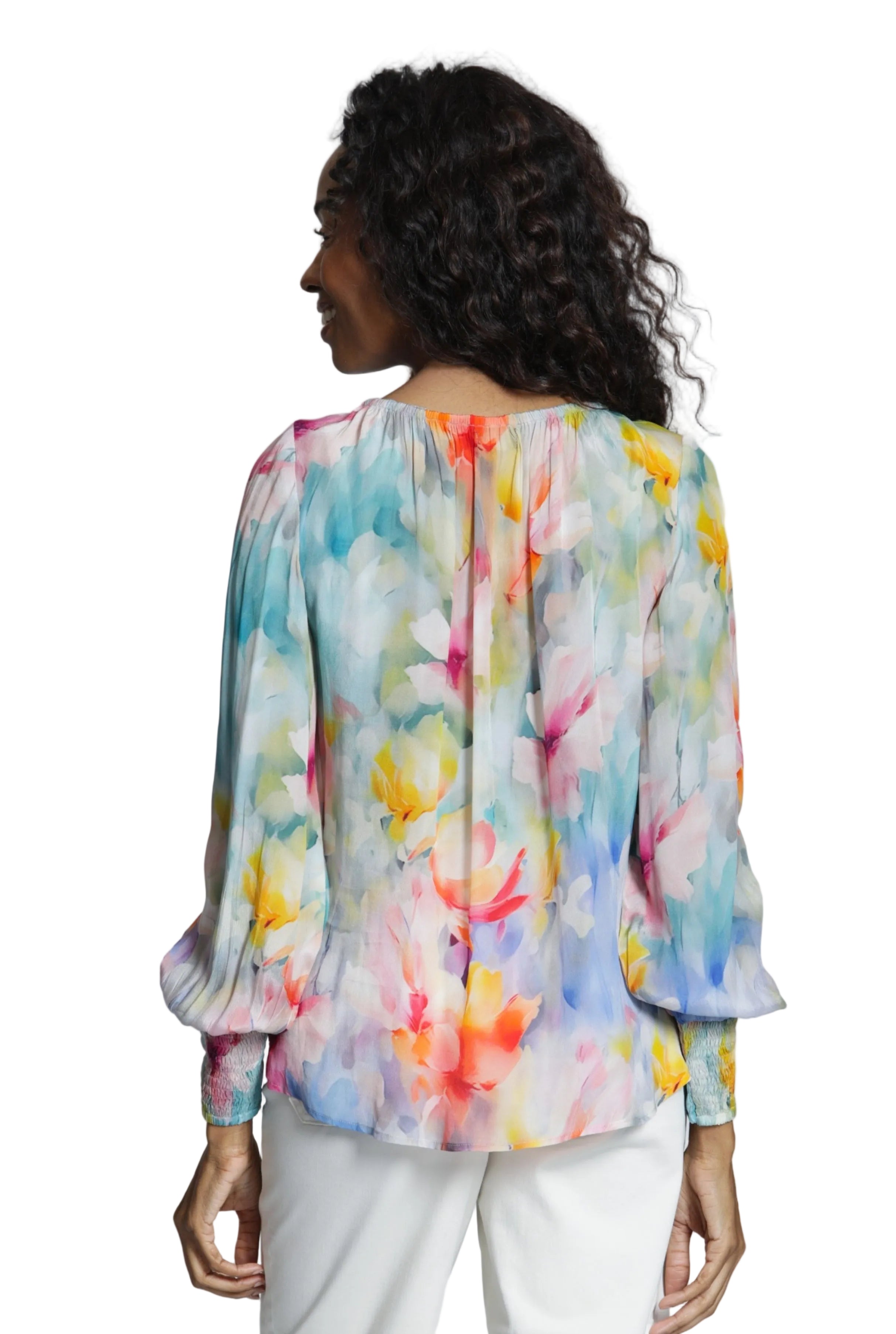 APNY Pull Over with Smocked Cuff Floral Print Top (T18P/C-578D/NC)(Yellow/Pink Multi)