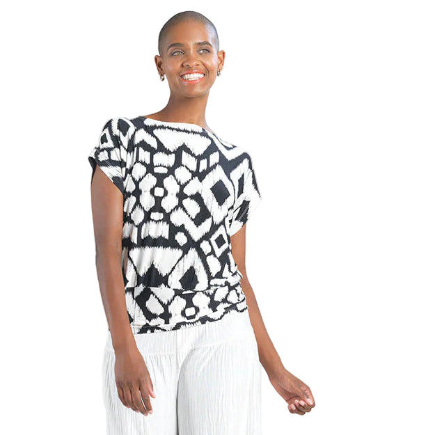 Clara Sun Woo Crinkle Pleat Knit  Dolman Short Sleeve Top (Aztec)(T208PL)Size XL