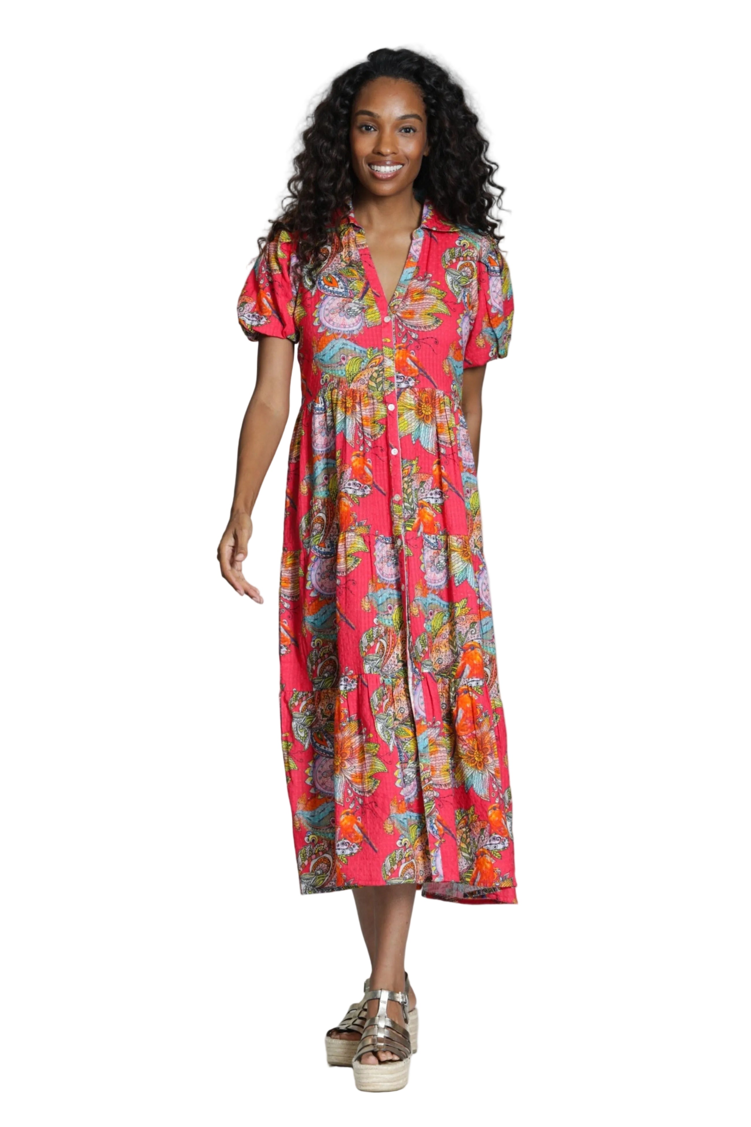 APNY Tiered Puff Sleeve Full Button Front Maxi Dress (T39P/C-732D/CJ)(Pink Multi )