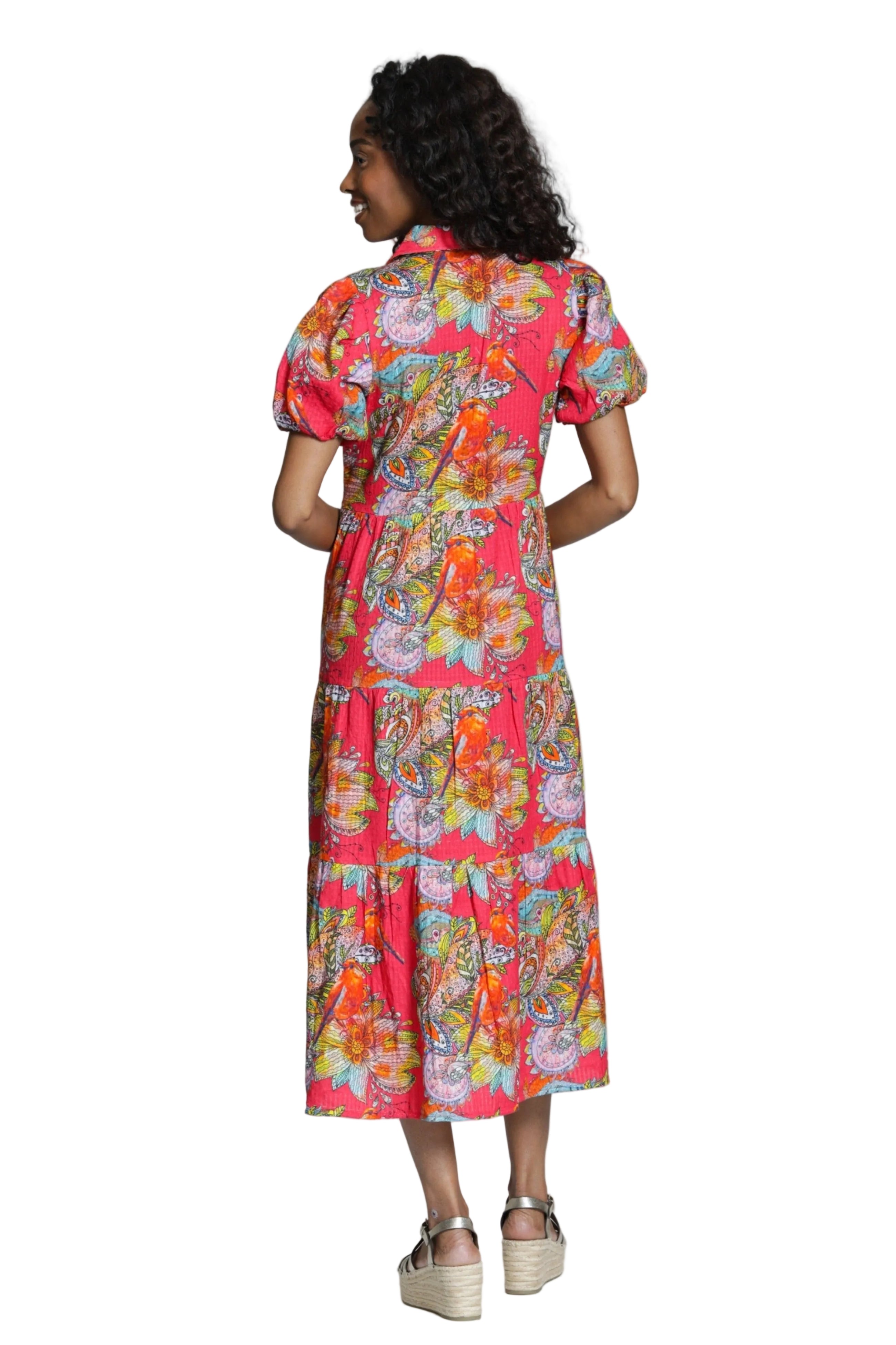 APNY Tiered Puff Sleeve Full Button Front Maxi Dress (T39P/C-732D/CJ)(Pink Multi )