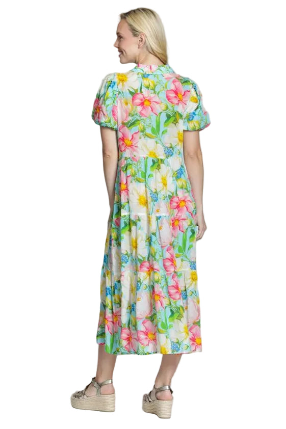 APNY Tiered Puff Sleeve Full Button Front Maxi Dress (T39P/C-664D/NC)(Pink Multi )