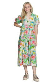 APNY Tiered Puff Sleeve Full Button Front Maxi Dress (T39P/C-664D/NC)(Pink Multi )