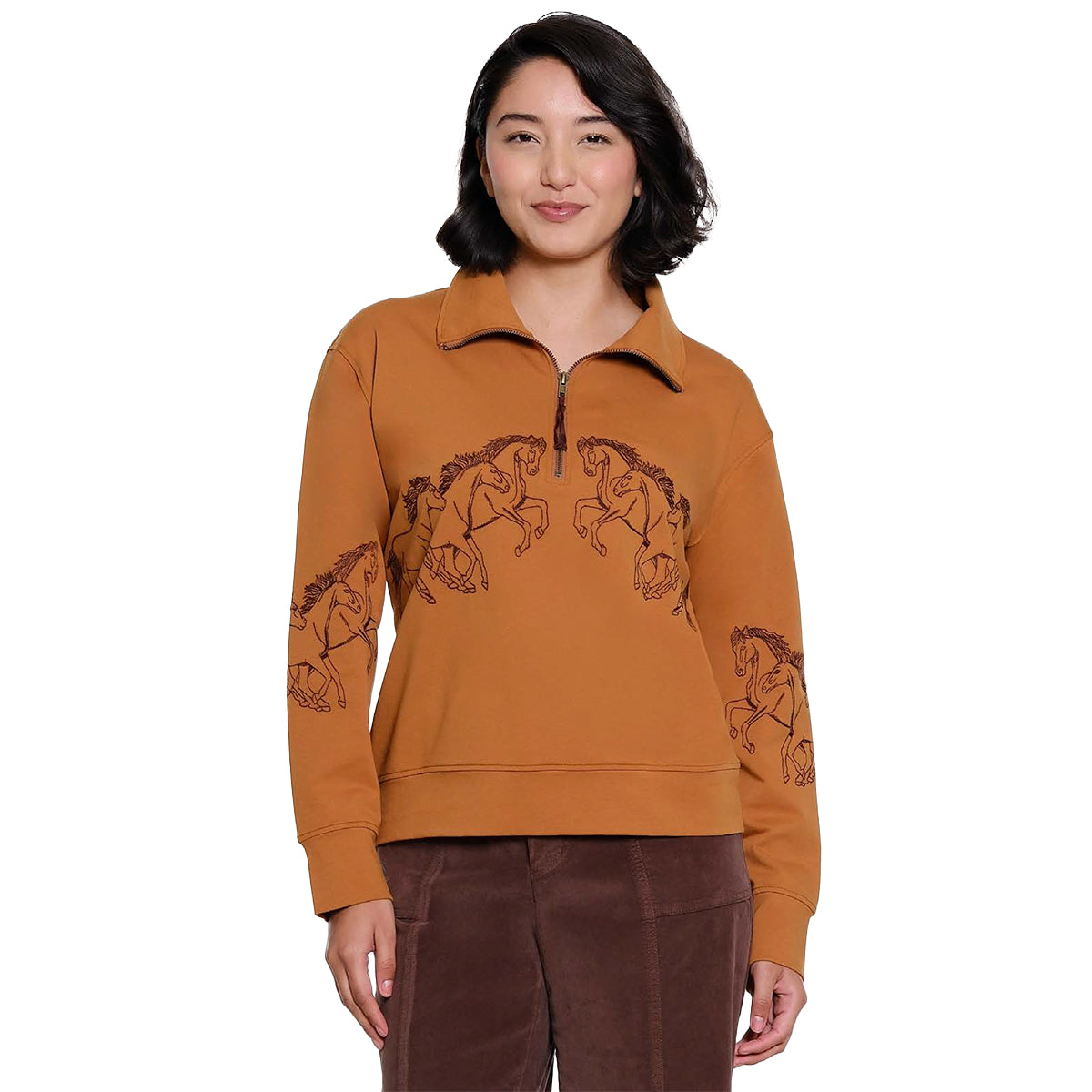 Tru Lux Knit Long Sleeve Popover with Embroidered Horse Design (T46224TM) (Medium Brown)