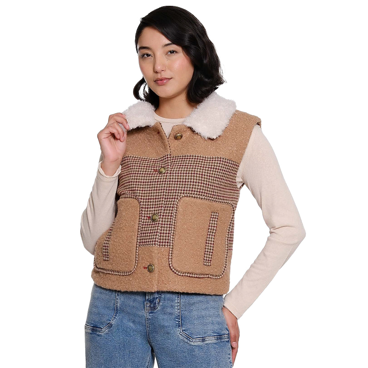 Tru Lux Woven Fur Collar Button Up Vest (T46232VM) (Tan)