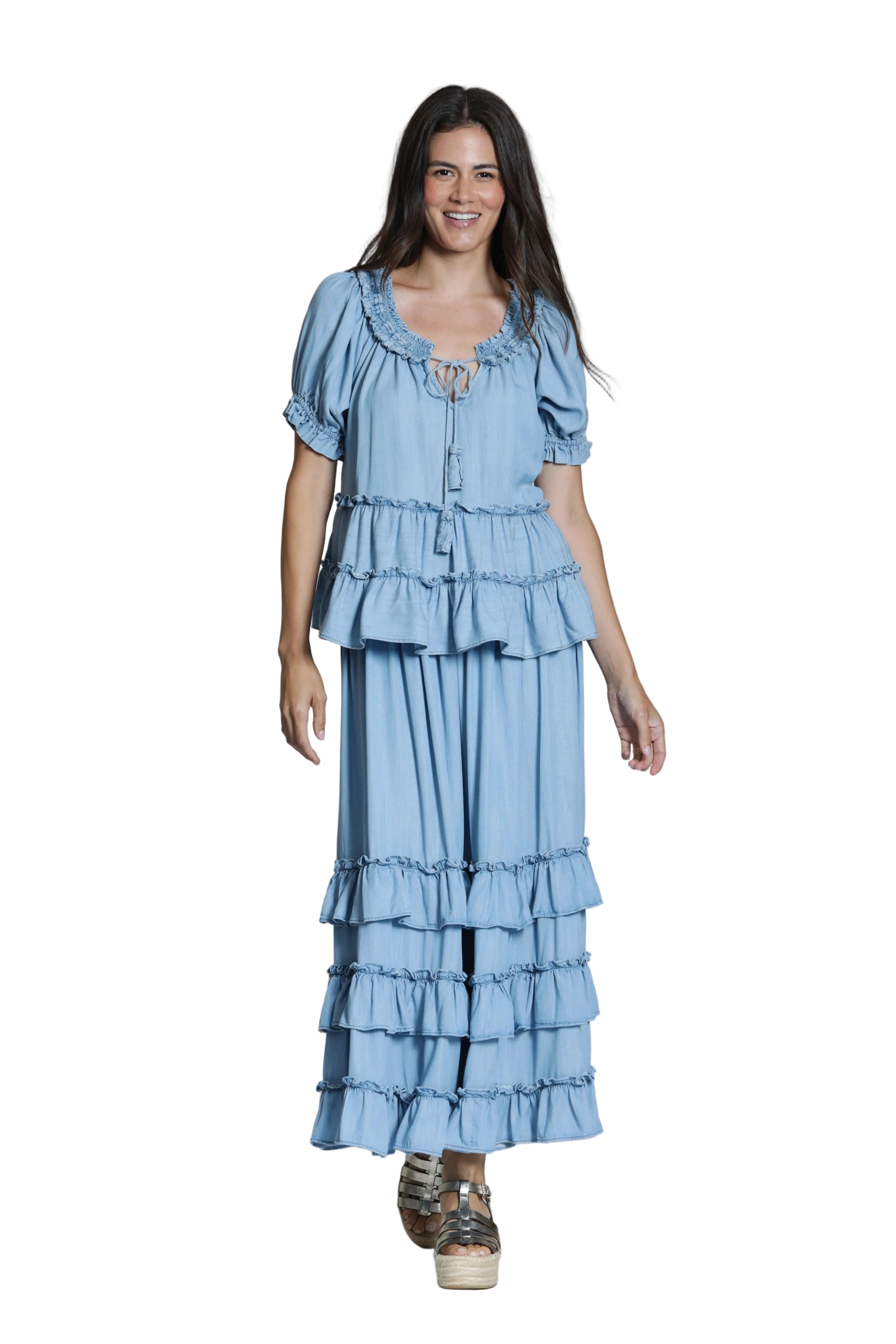 APNY Short Sleeve Top with Rouched Neck (T62)(Light indigo)