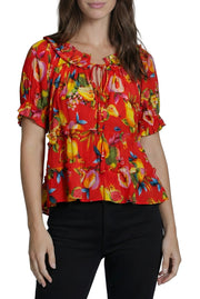 APNY Short Sleeve Top with Rouched Neck (T625P/C-630D/NC)(Red Multi )