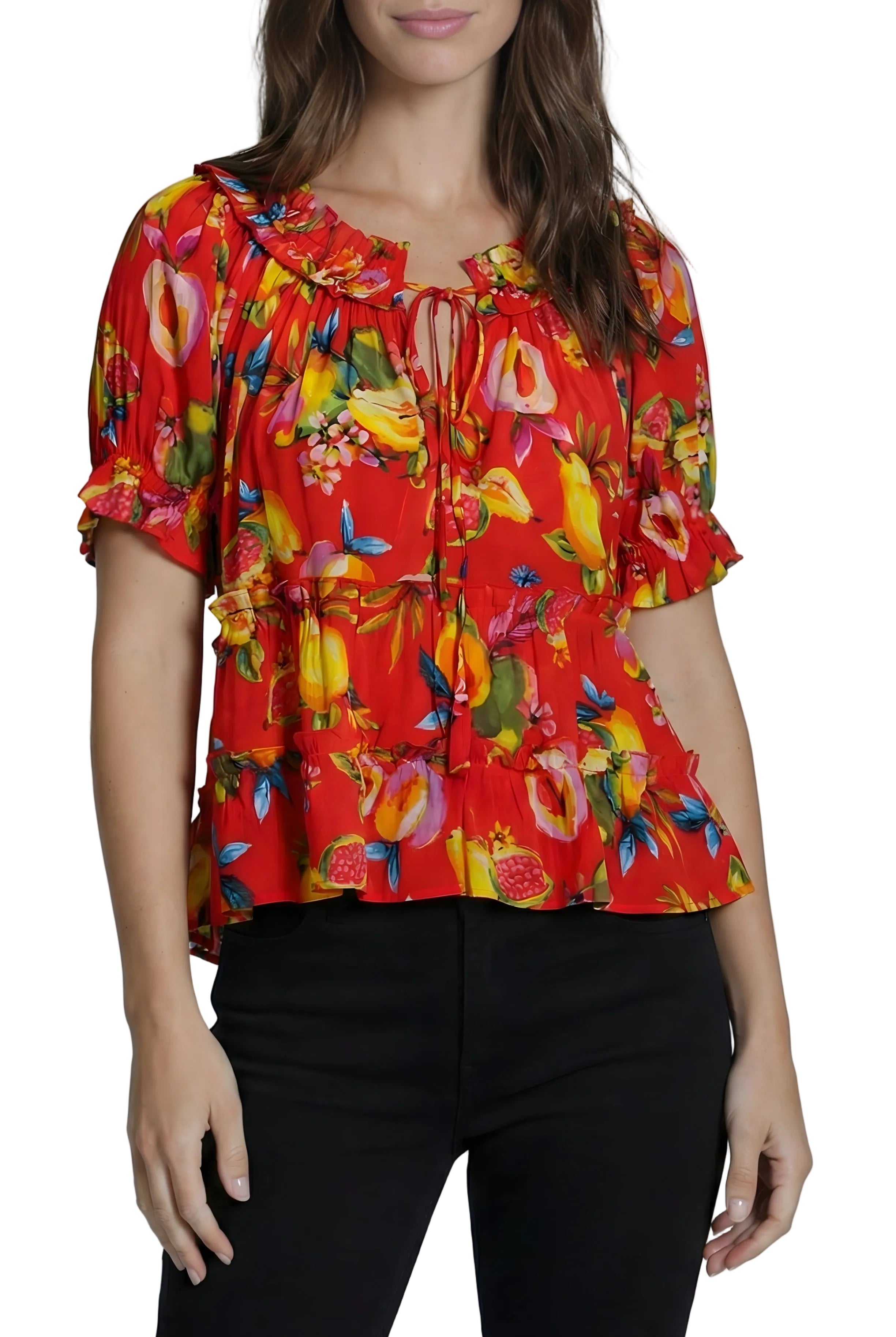 APNY Short Sleeve Top with Rouched Neck (T625P/C-630D/NC)(Red Multi )