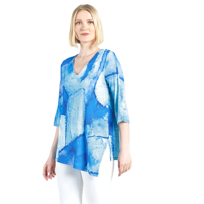 Clara Sun Woo Water Color Print V Neck Soft Tunic (TU6P1)(Peri Blu )