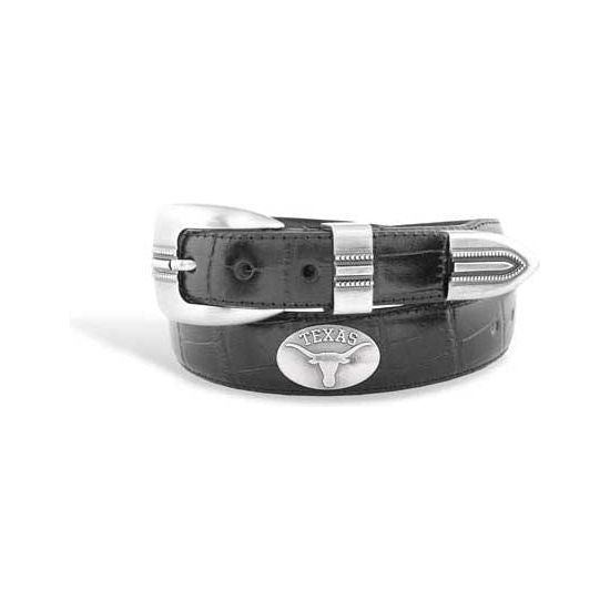 Black Leather Croc Belt with Metal Tip End and Concho with TEXAS and Longhorn Logo