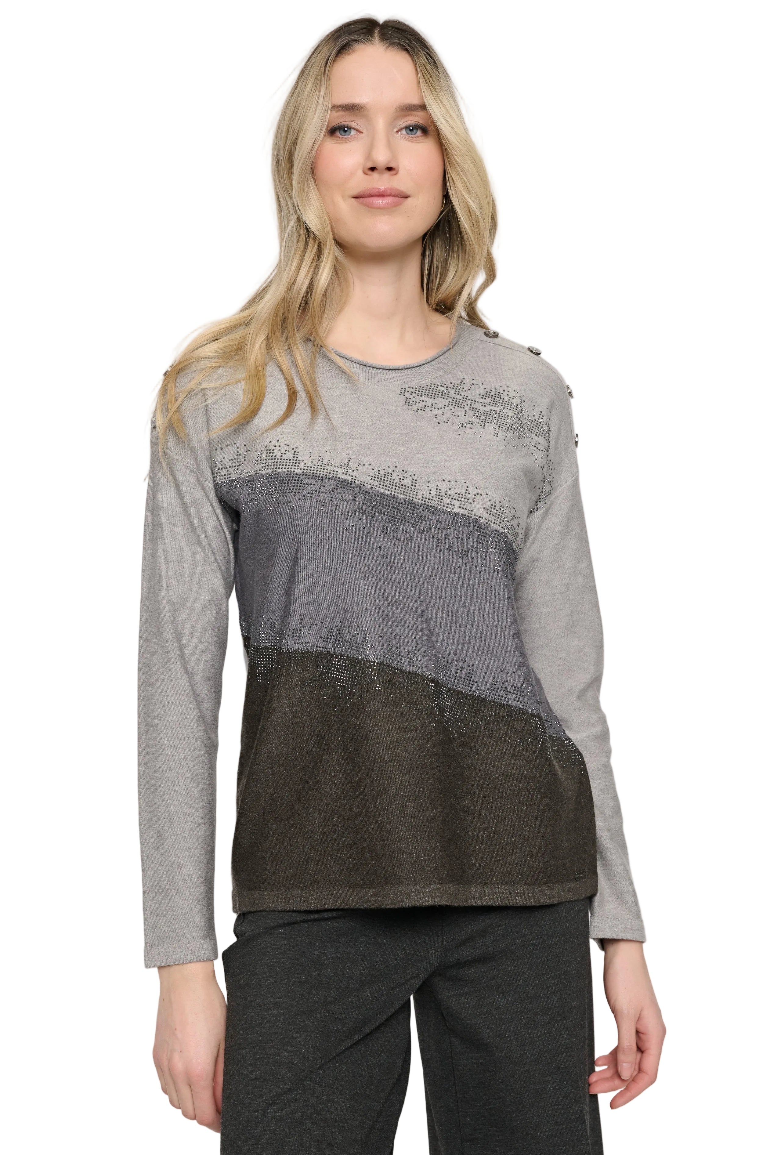 Picadilly Long Sleeve Diagonal Color Blocking Bling Fine Gauge Knit Sweater (YE148)(Grey Multi)