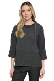 Picadilly 3/4 Sleeve Bling Drawstring Knit Sweater (YX799)(Heather Charcoal )