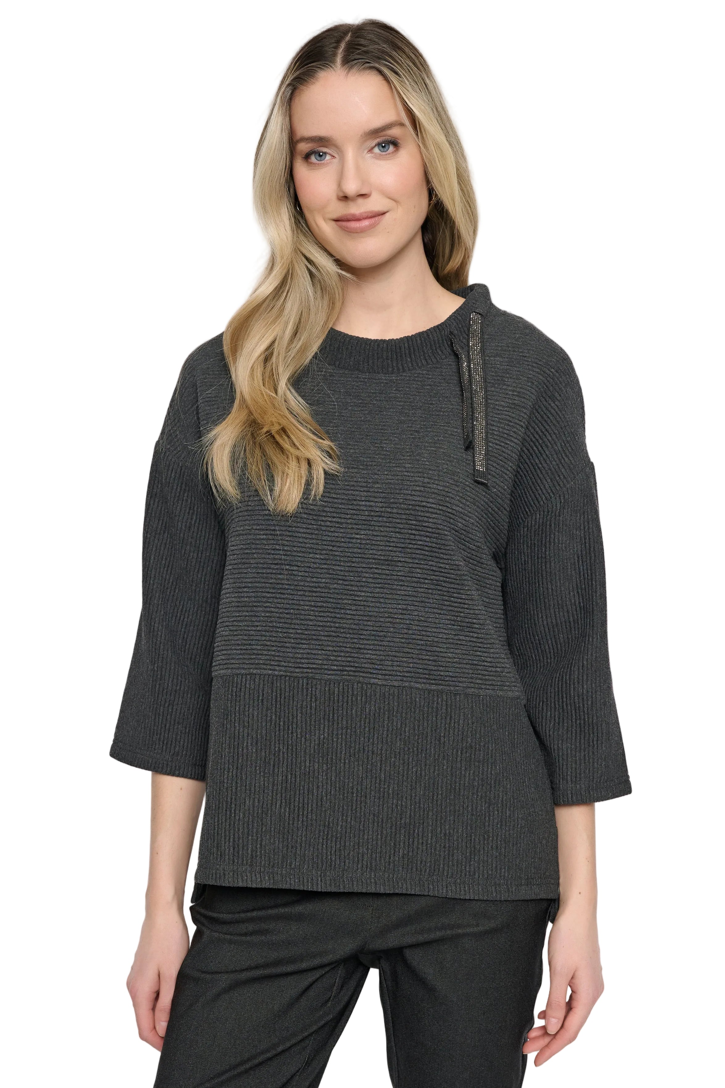 Picadilly 3/4 Sleeve Bling Drawstring Knit Sweater (YX799)(Heather Charcoal )