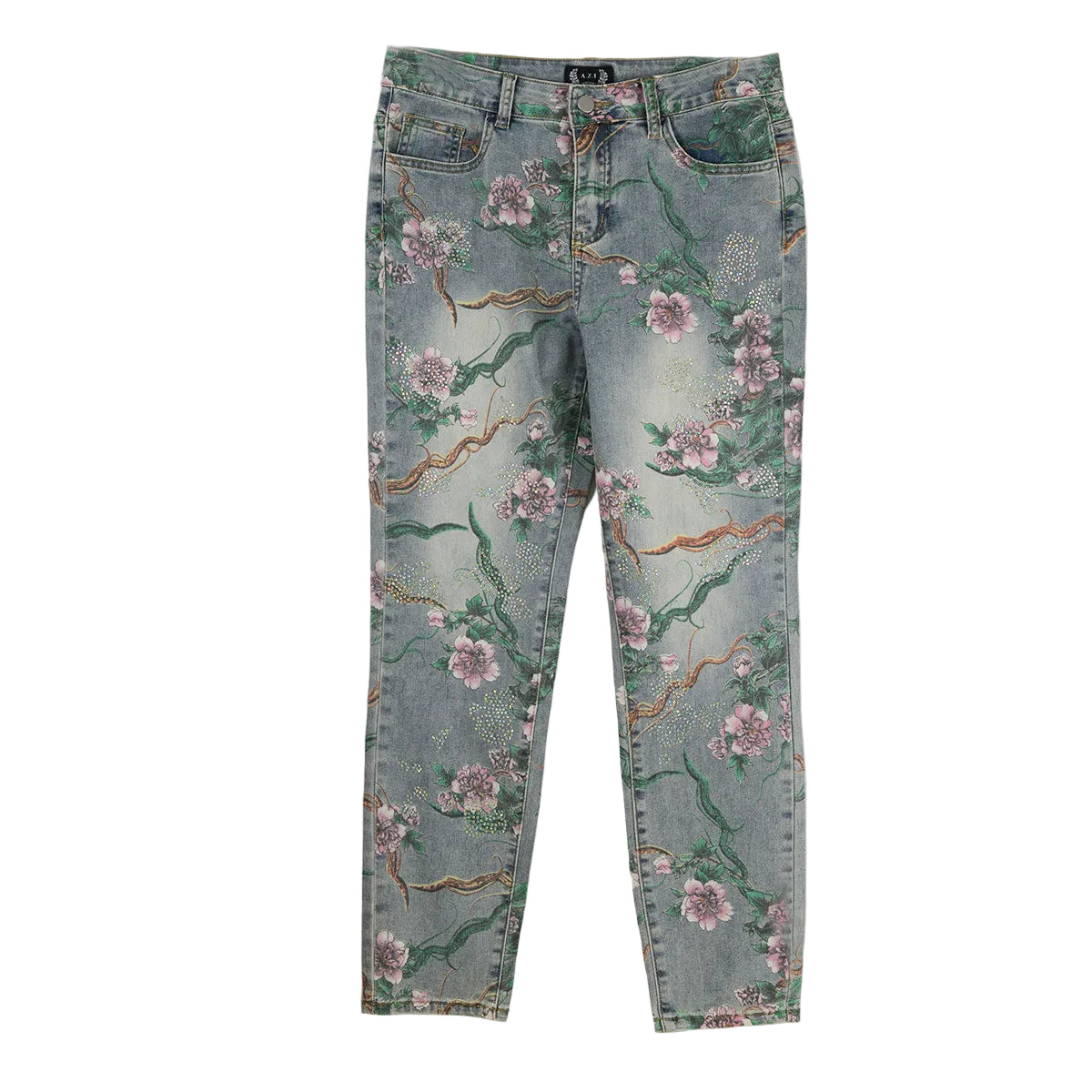 A.Z.I. Denim 5 Pocket Floral Jean With Rhinestones (Z13451) (Denim )