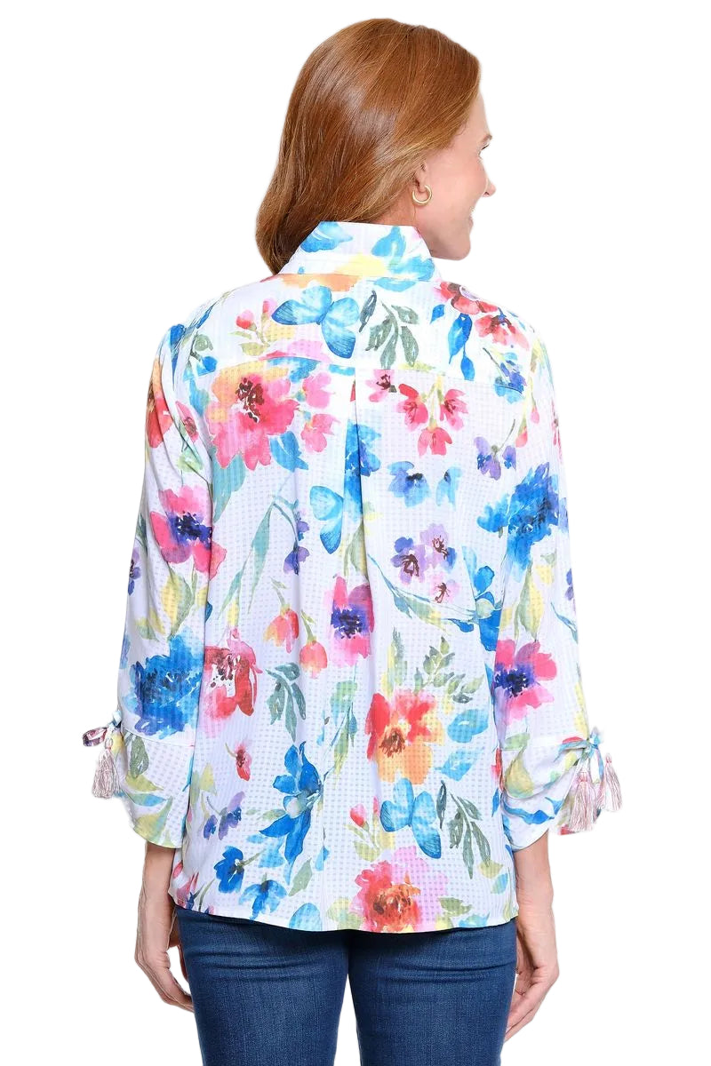 Ali Miles Woven Button Front Burnout  Blouse(A16324BM) (Floral)