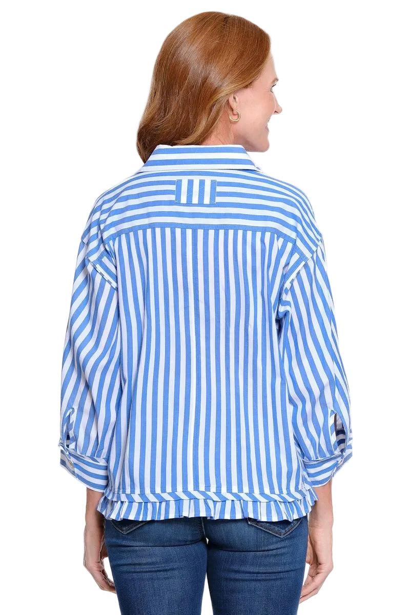 Ali Miles Woven Yarn Dyed Button Front Blouse(A16327BM) (Blue Stripe)