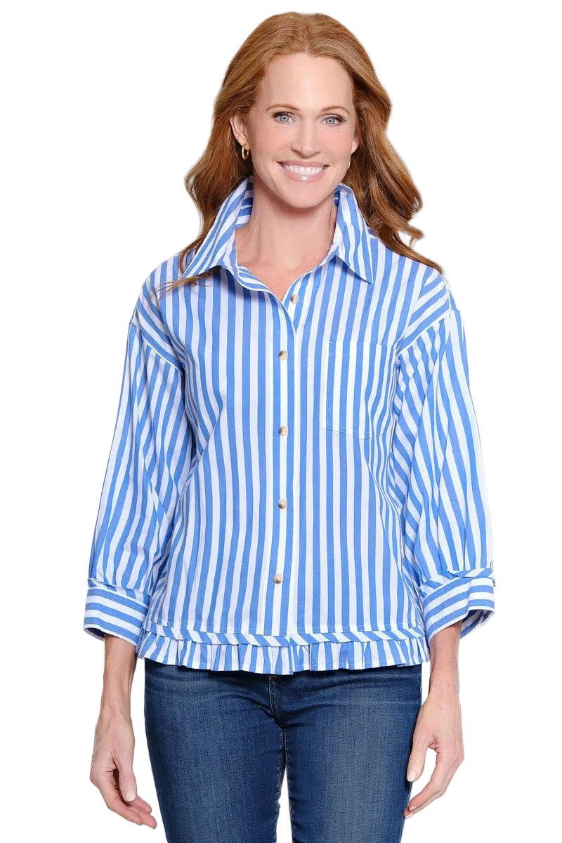 Ali Miles Woven Yarn Dyed Button Front Blouse(A16327BM) (Blue Stripe)