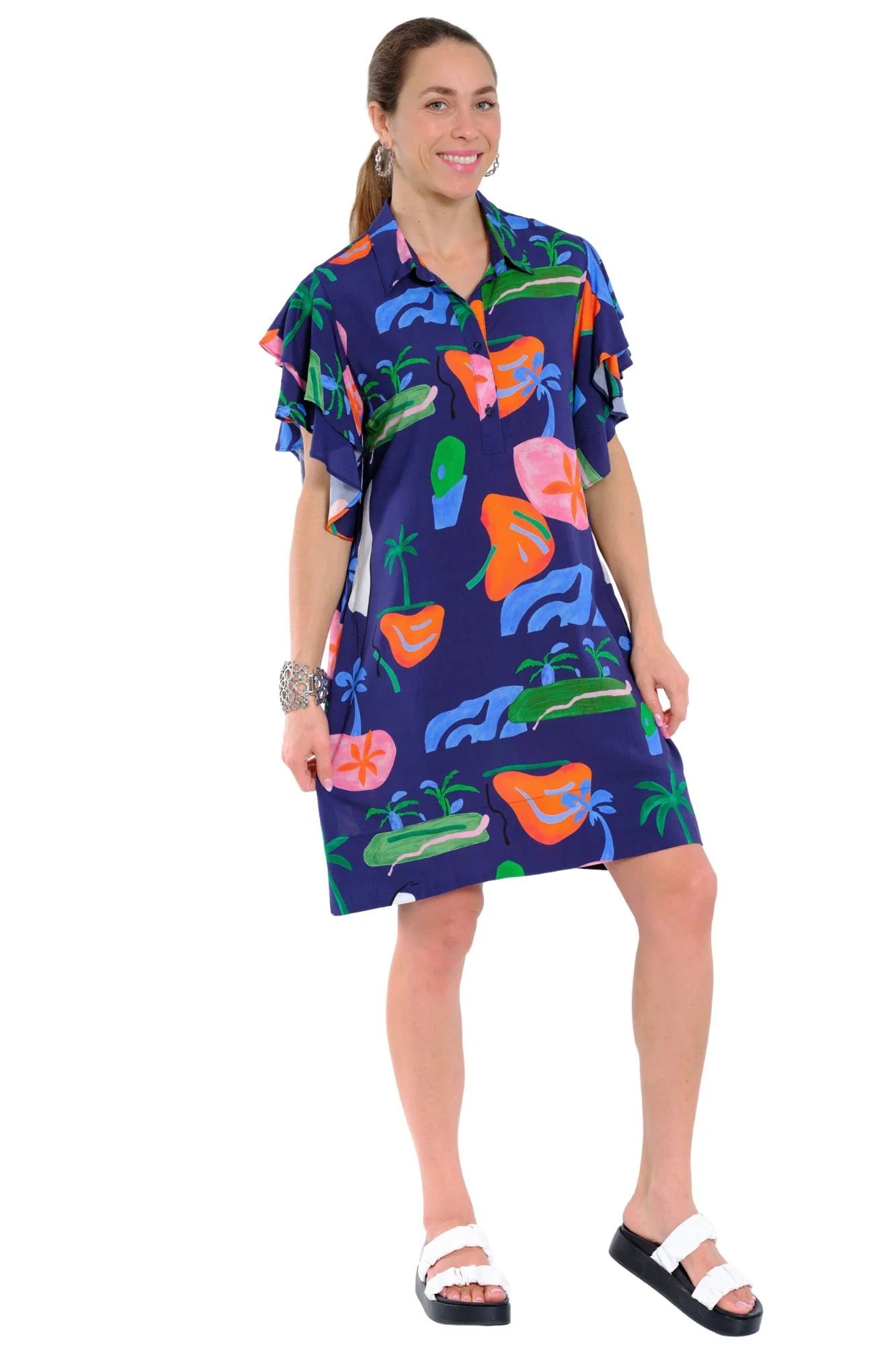 Lior Double Flounce Sleeve Knee Length Dress (Ace-8-Ar)(Island Tropic)