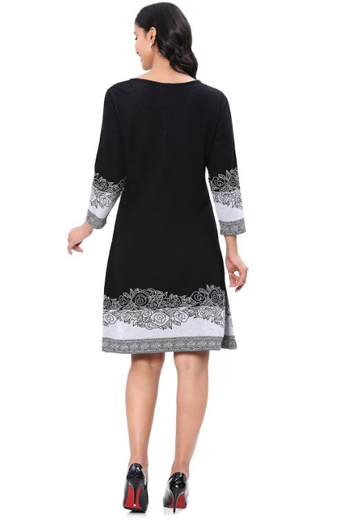 Parsley & Sage Alberta Solid with Print Detail Dress (BLK/WHT)