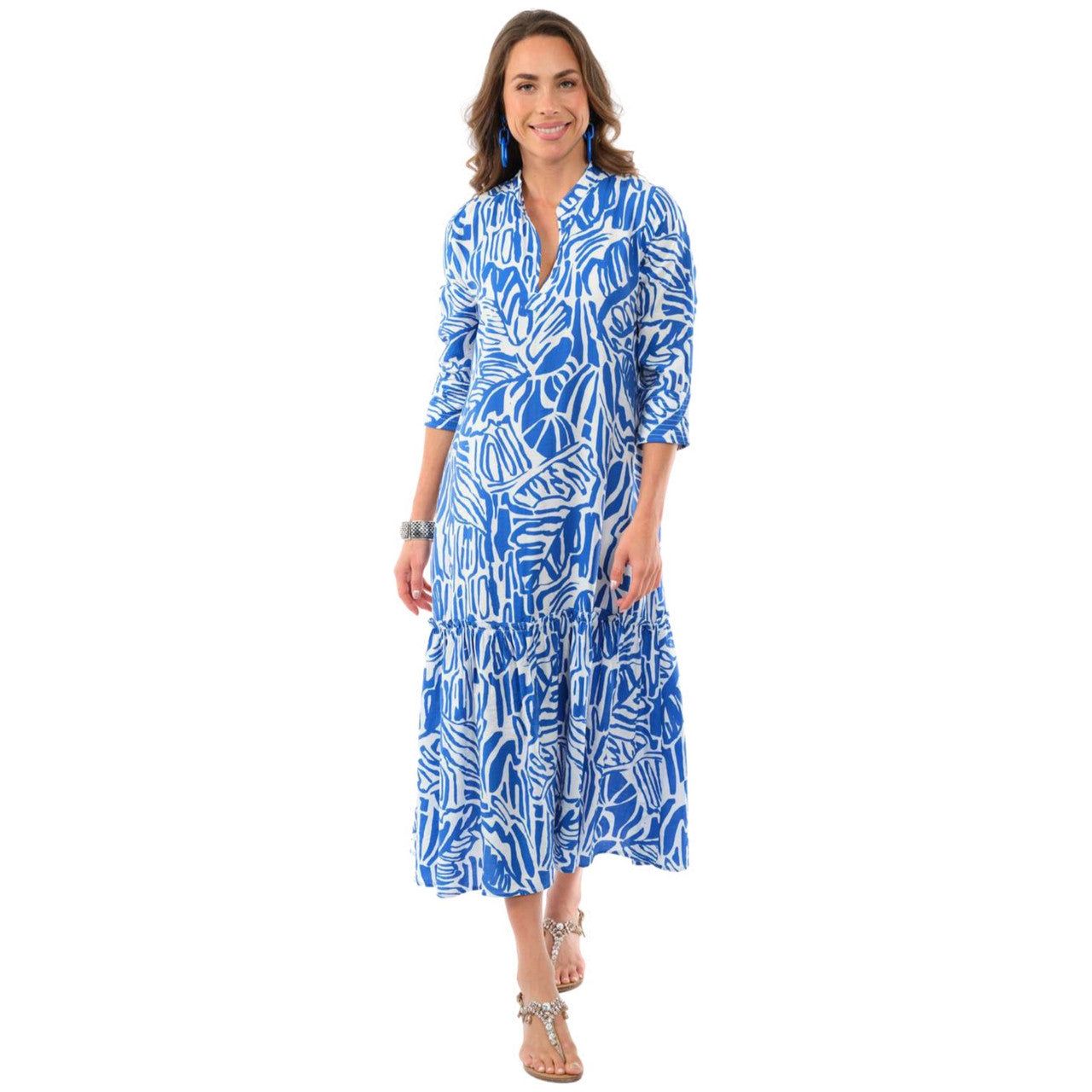 Lior Amsterdam Blue Block Print Floral Long Dress