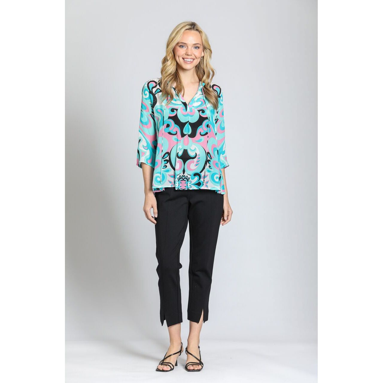 APNY Aqua Print V-Neck Tassel Tie Top
