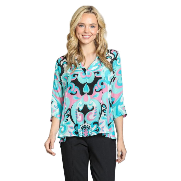 APNY Aqua Print V-Neck Tassel Tie Top