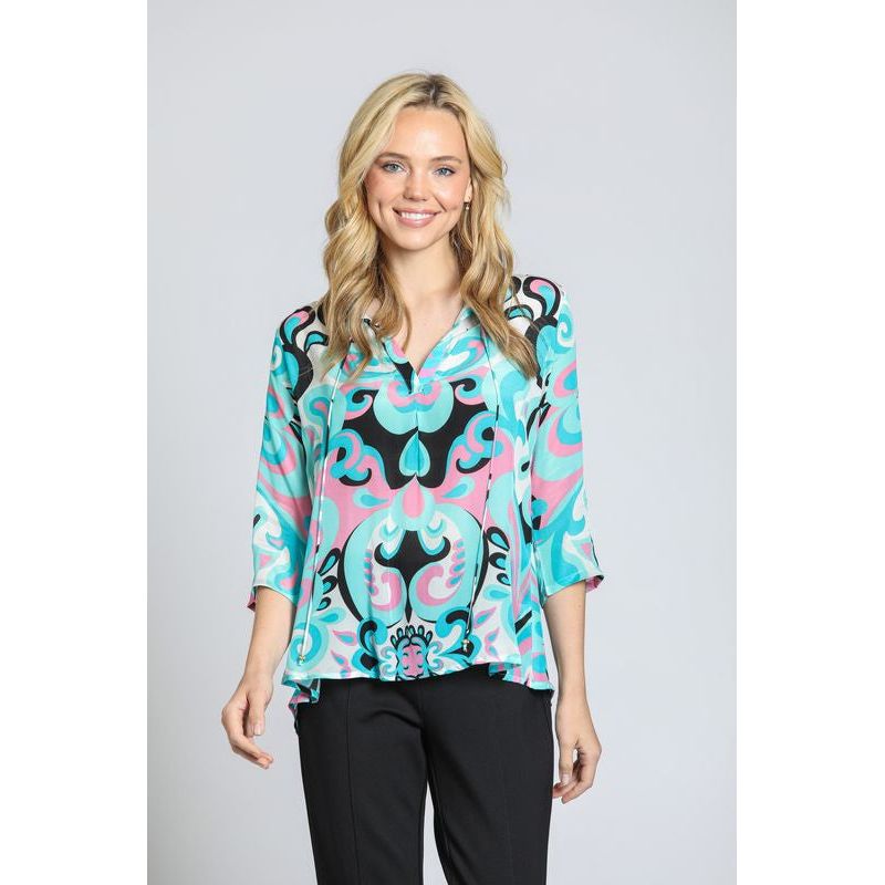 APNY Aqua Print V-Neck Tassel Tie Top