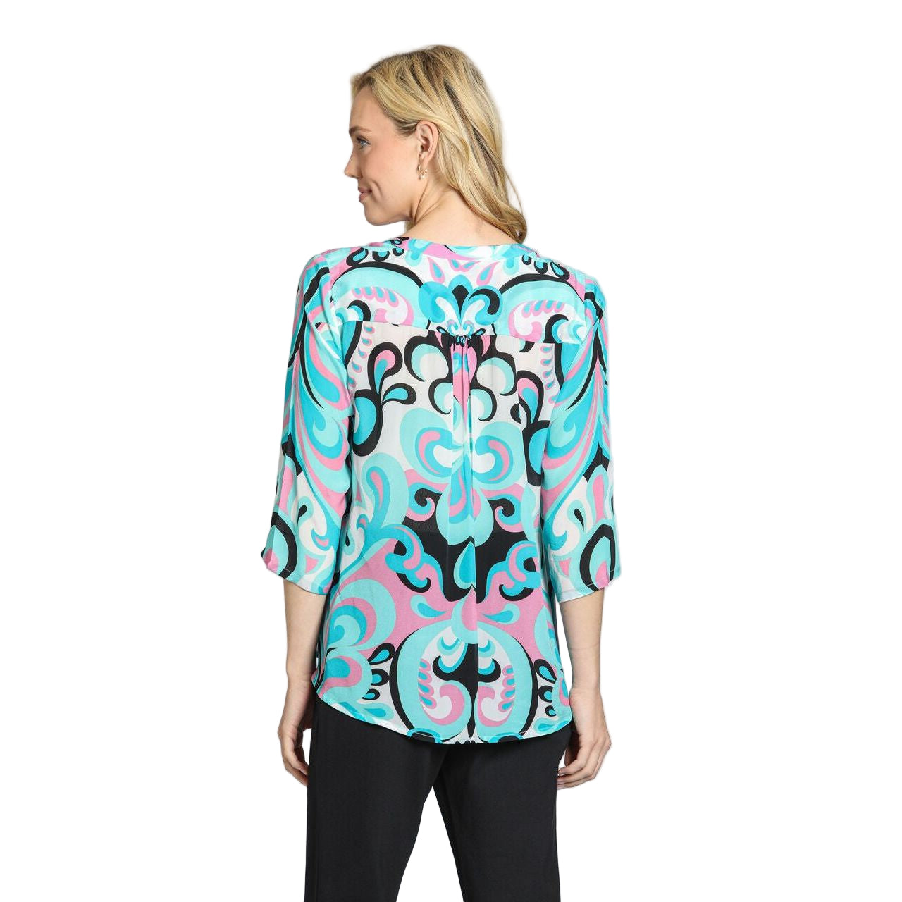 APNY Aqua Print V-Neck Tassel Tie Top