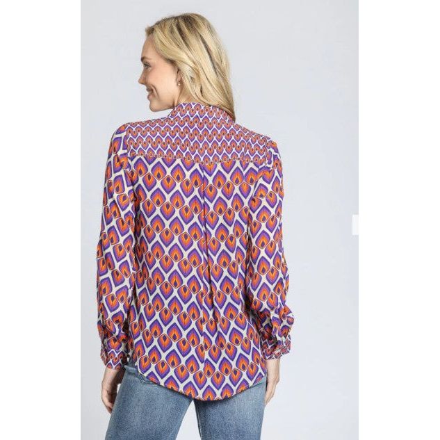 APNY Purple Orange Geo Print Button Front Hi-Low Shirt
