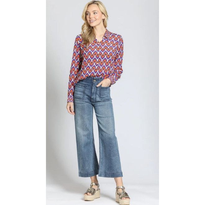 APNY Purple Orange Geo Print Button Front Hi-Low Shirt