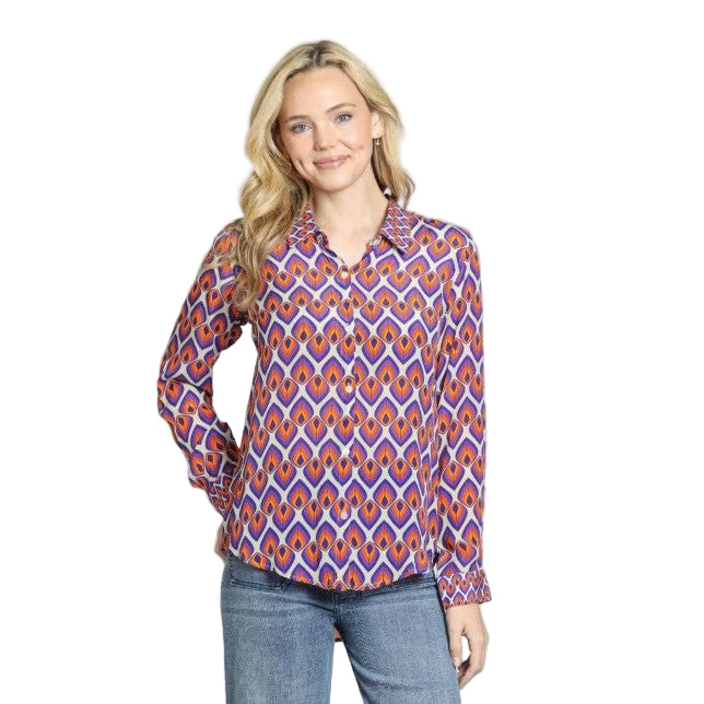 APNY Purple Orange Geo Print Button Front Hi-Low Shirt