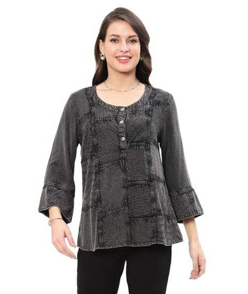 Parsley & Sage Betsy Vintage Wash Tonal Embroidery Top (CHAR)