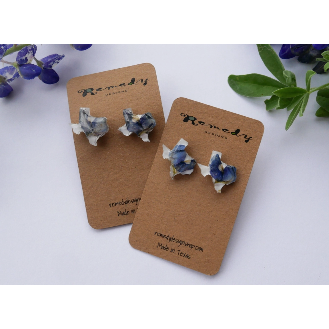 Remedy Designs Texas Shaped Pressed Bluebonnet Stud Earrings