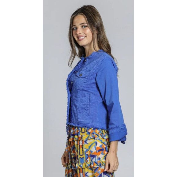 APNY Collarless Dazzling Blue Jacket with Frayed Detail