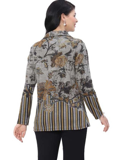 Parsley & Sage Calli Print 1/4 Zip Front Top (BRN/GRY)