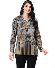 Parsley & Sage Calli Print 1/4 Zip Front Top (BRN/GRY)