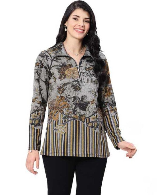 Parsley & Sage Calli Print 1/4 Zip Front Top (BRN/GRY)