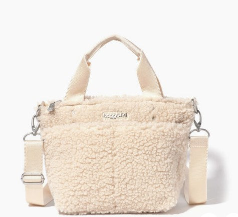 Baggallini Light Beige Faux Shearling Mini Carryall Tote