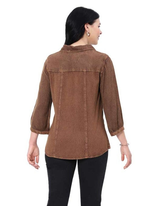 Parsley & Sage Carmen Vintage Wash Tonal Embroidery Shirt (GLD)