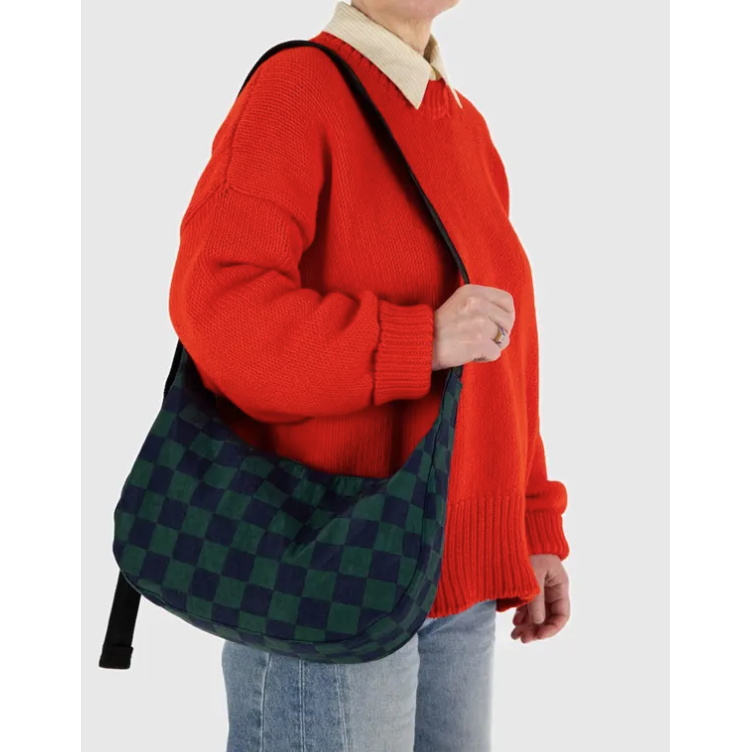 Baggu Medium Nylon Crescent Bag - Navy & Green Check