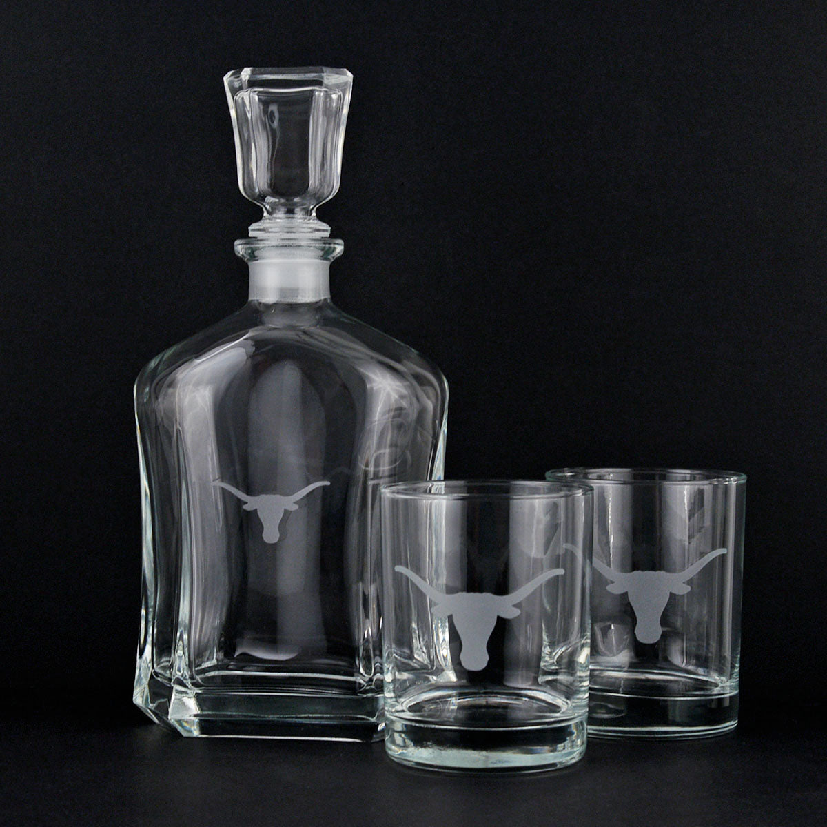 Texas Longhorn 3 Piece Etched  Decanter and Glass Set (X1326)(Logo)