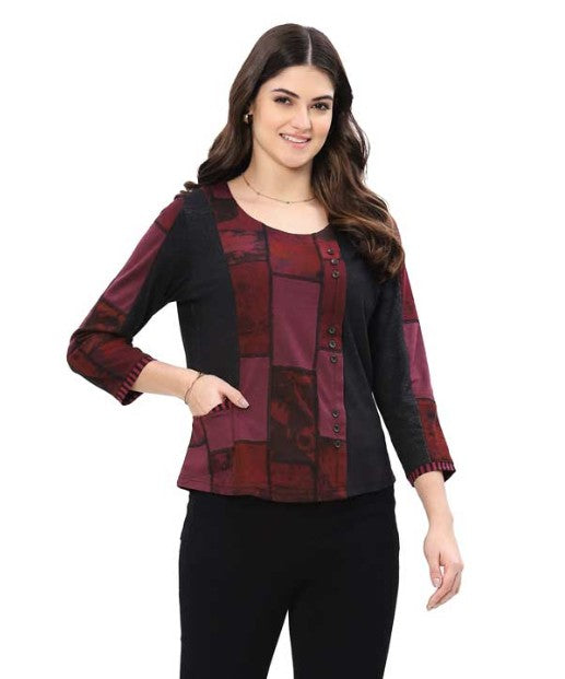 Parsley & Sage Diane Geo Print Button Top (Burg)