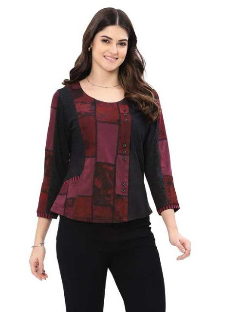 Parsley & Sage Diane Geo Print Button Top (Burg)