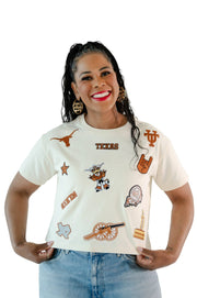 Texas Longhorns  All Over the Place Logos  Heavyweight Short Sleeve Crop Tee