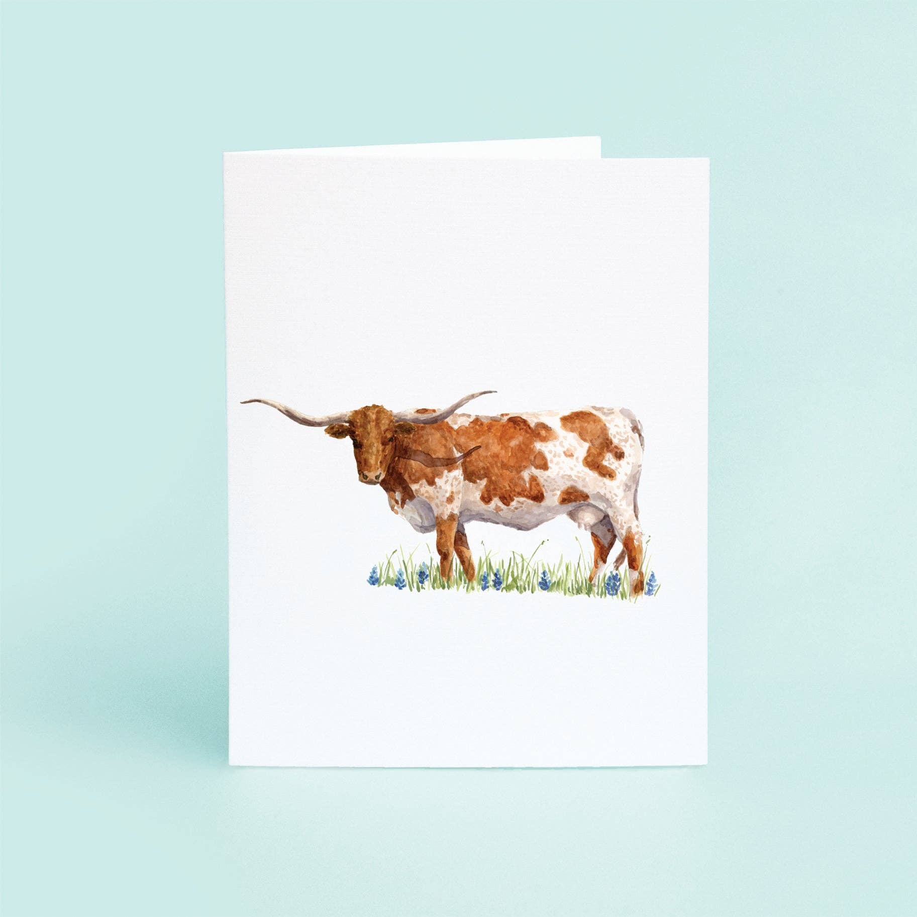 Texas Longhorn Field of Blue Bonnets Note Card (Single)(V10656)