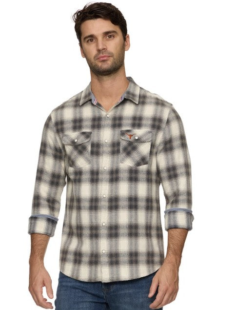 Texas Longhorn Flag & Anthem Men's Alma Vintage Wash Flannel Shirt (101-WS046V)(Cream/Charcoal)