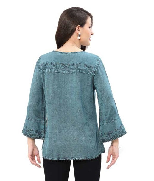 Parsley & Sage Finn Vintage Wash Tonal Embroidery Top (TEAL)
