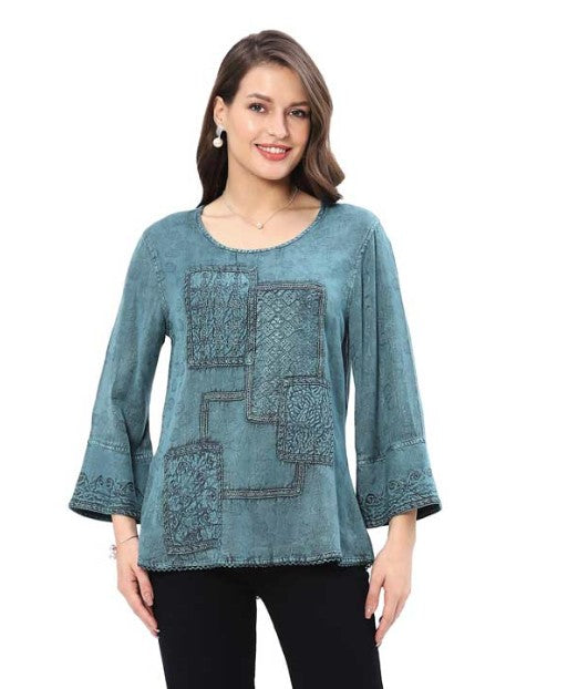 Parsley & Sage Finn Vintage Wash Tonal Embroidery Top (TEAL)