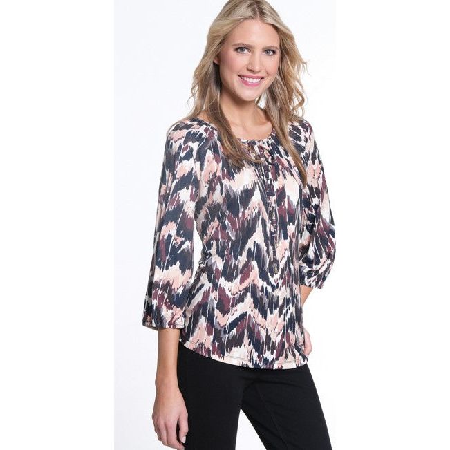 Multiples Flame Print Raglan Sleeve Tie Front Hi-Low Peasant Top