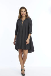 Lior Delice Zip Front 3/4 Sleeve Short Solid Dress/Jacket (Black)